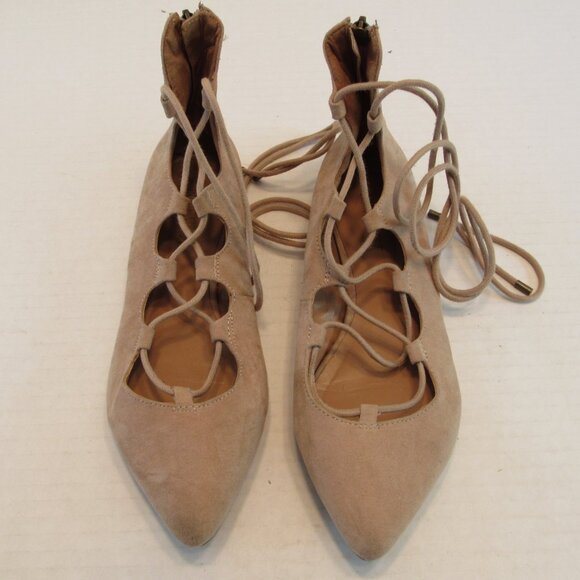 Nine West Beige Lace Up Tie Back Zip Sign Me Up Faux Suede Ballet Flats Size 6M - Picture 1 of 11
